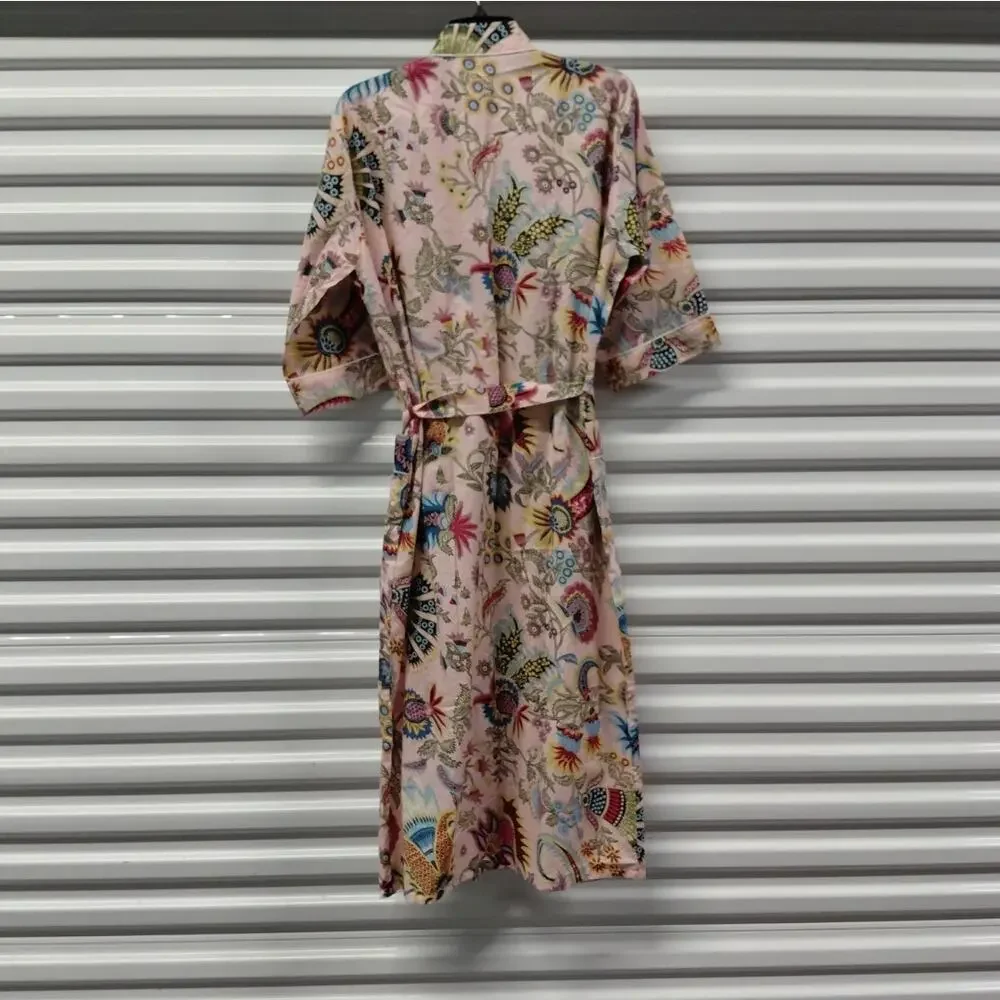 Pink Floral Kimono Robe One Size Boho Spa Lounge Cover Up Sleepwear Vacation